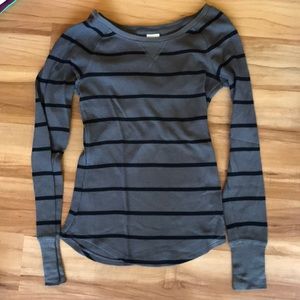 Grey long sleeve shirt with black stripes